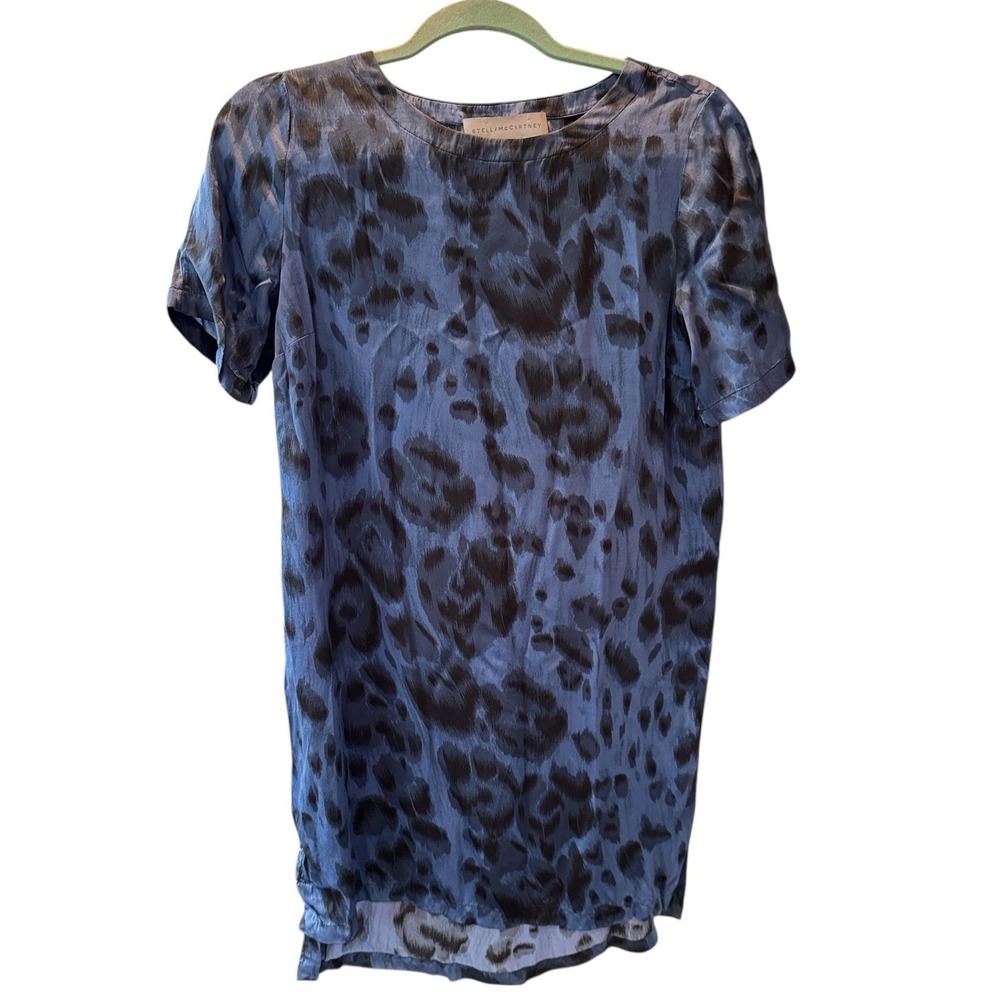 Stella McCartney Blue Leopard Print 100% Silk Shift Mini Dress Size 42
